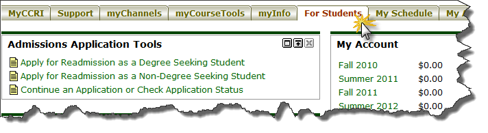 Image of For Students tab within MyCCRI