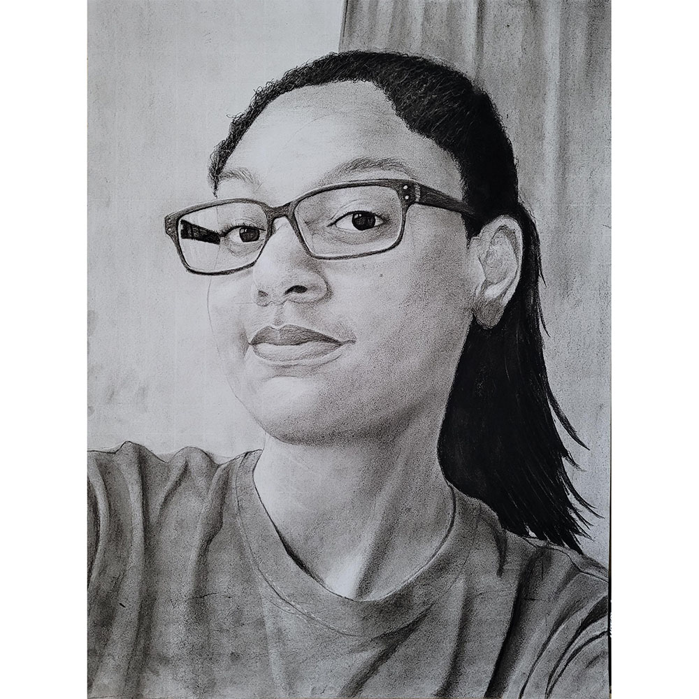 charcoal drawing, self portrait by a student