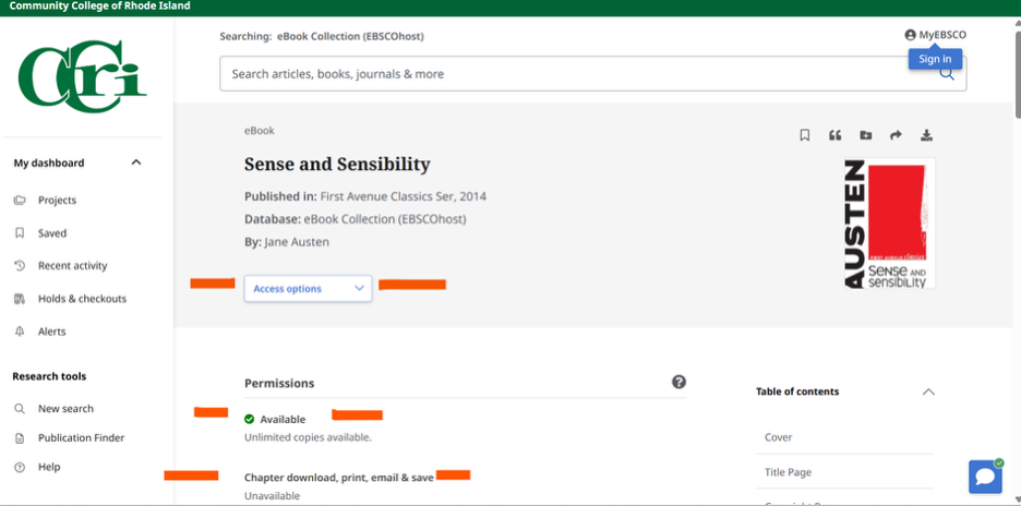Screenshot of the locations for Access Options and Permissions (e.g., item availability, download, print, email, save) included in a search result. 
