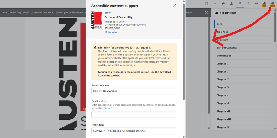 Screenshot of where to locate the request for additional or alternative Acessible Content Support for a search result.
