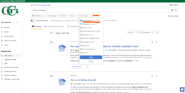 Screenshot of an example of how to filter search results by Source Type (e.g., academic journal, magazines, news).