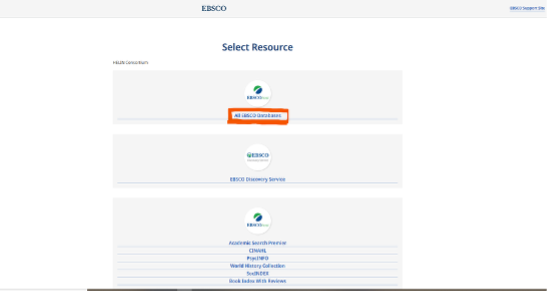 Screenshot highlighting the Select Resource feature to click to access ALL EBSCO Datbases