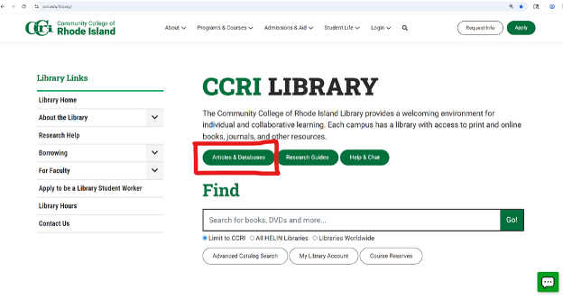 Screenshot of the library's homepage highlighting the location to access the  Articles and Databases feature.