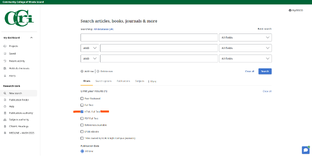 Screenshot highlighting the locatation of the HTML Full Text results filter.