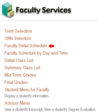 graphic of the Faculty Services menu with the Faculty Detail Schedule option selected