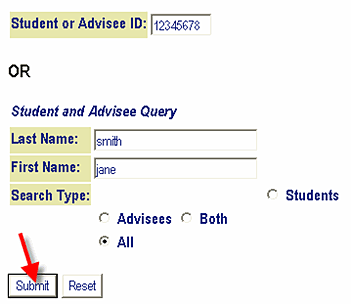 image of the student/advisee query