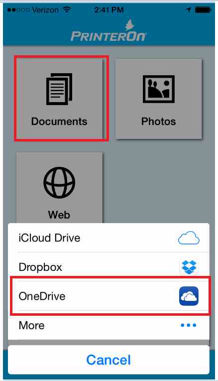 Personal Printing Mobile - Select OneDrive